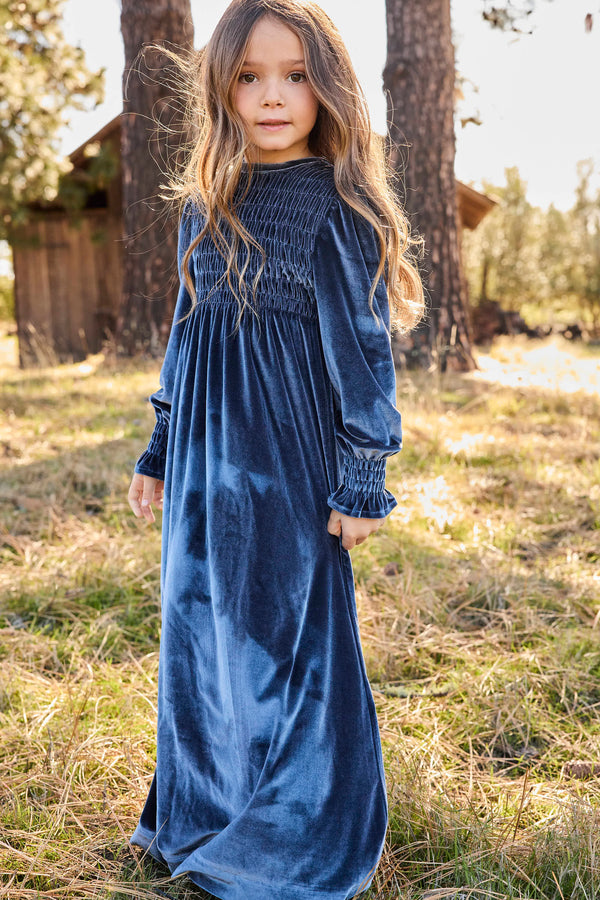 Pashmini Emma Smocked Velvet Maxi - Cornflower