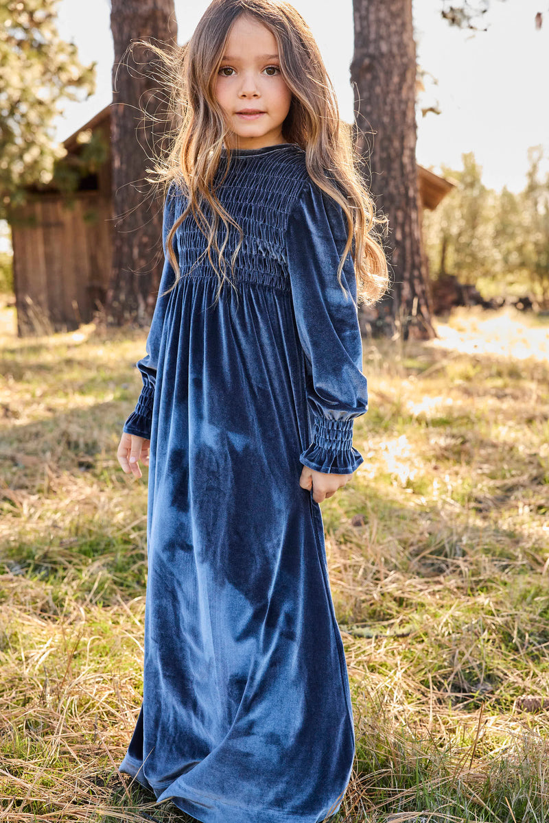 Pashmini Emma Smocked Velvet Maxi - Cornflower