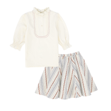 Bamboo Pleated Bib Blouse and Striped Skirt Set