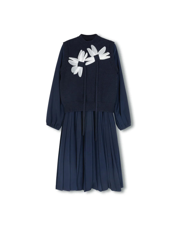 Minimal Pleated Dress With Flower Vest