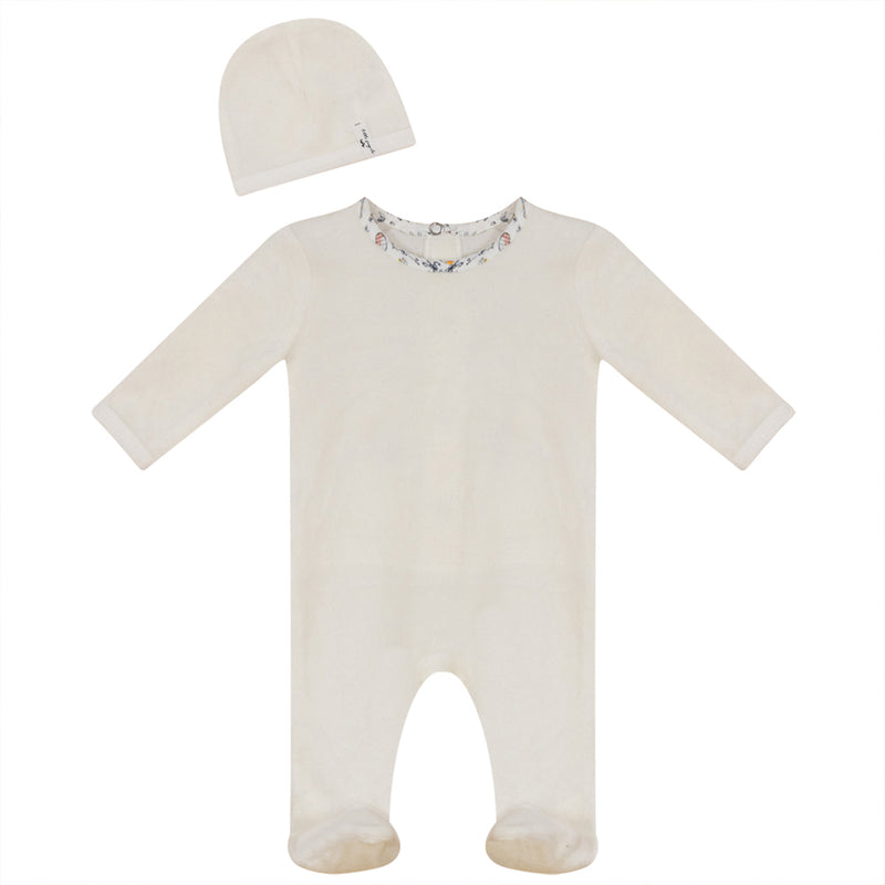 Little Fragile Velour Bird Print Footie + Hat