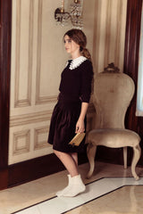 Pompomme Double Collar Knit Sweater and Velvet Skirt