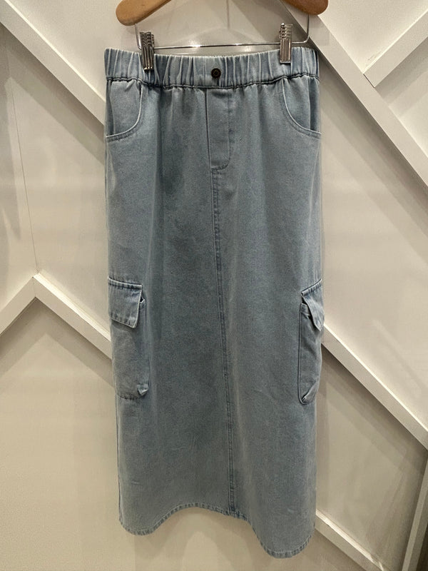 Teela Cargo Denim Maxi Skirt - Midwash