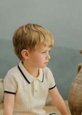 Looms Embroidered Trim Boys Polo  - Ivory/Navy