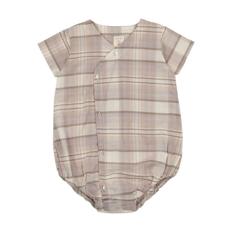 Analogie Taupe Plaid Button Romper