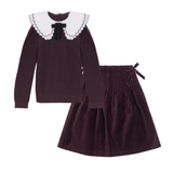 Pompomme Double Collar Knit Sweater and Velvet Skirt