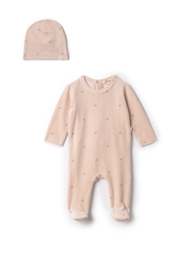 Lola Velour Cherry Footie Set - Linen