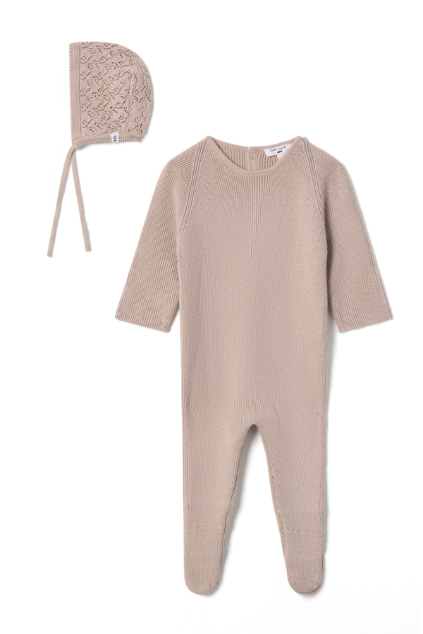 Little Fragile Lace Bib Knit Footie - Mushroom