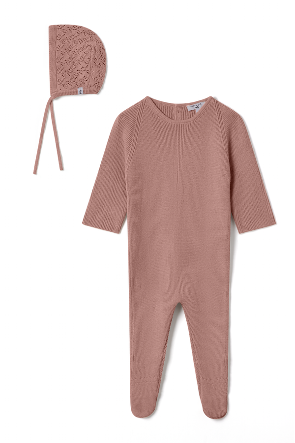 Little Fragile Lace Bib Knit Footie - Rose Cloud