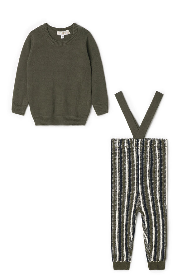 No18 Kids Color Knit Stripe Overall Set - Olive