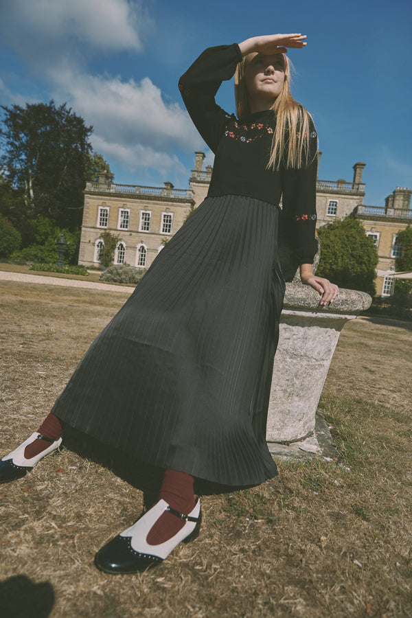 Jouet Pleated Dress with Embroidered Flowers
