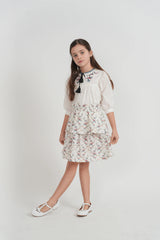 Space Grey Girls Set With Floral Vine Printed Skirt